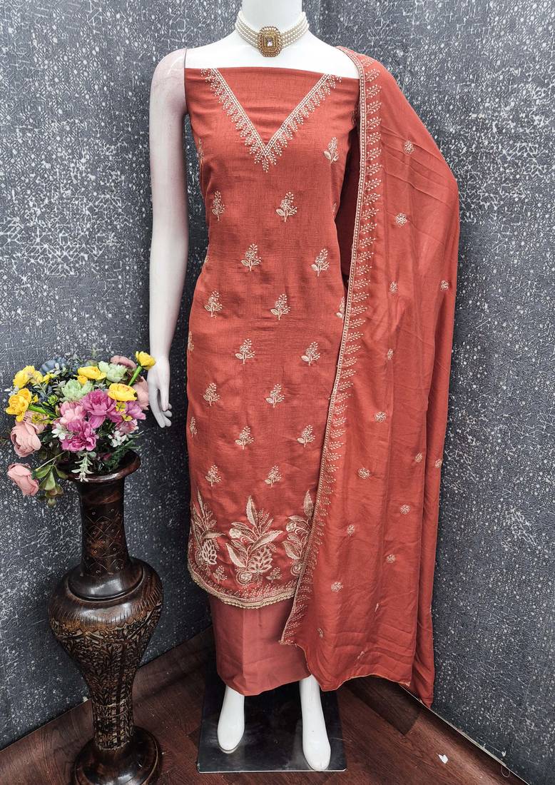 peach unstitched thread embroidery with embroidered dupatta vichitra silk blend dress material