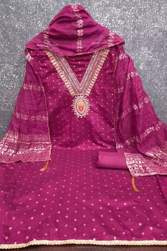 magenta unstitched weaving embroidered neck with woven embellished dupatta dress material