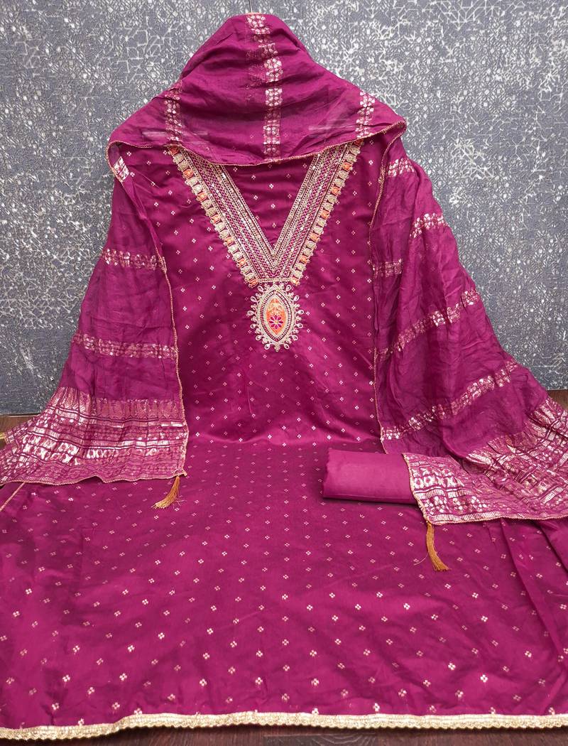 magenta unstitched weaving embroidered neck with woven embellished dupatta dress material