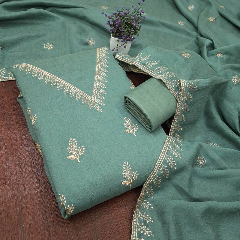 sea green unstitched thread embroidery with embroidered dupatta vichitra silk blend dress material
