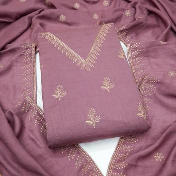 lavender unstitched thread embroidery with embroidered dupatta vichitra silk blend dress material 1