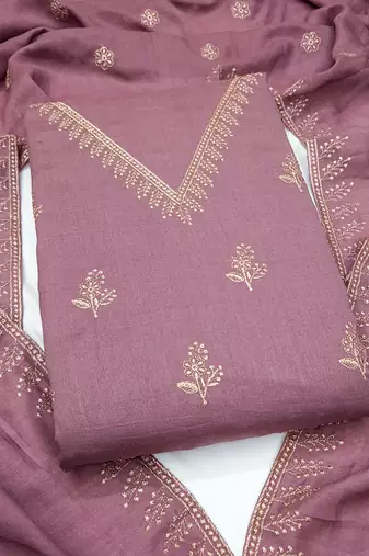 lavender unstitched thread embroidery with embroidered dupatta vichitra silk blend dress material
