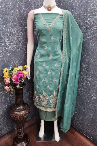 sea green unstitched thread embroidery with embroidered dupatta vichitra silk blend dress material