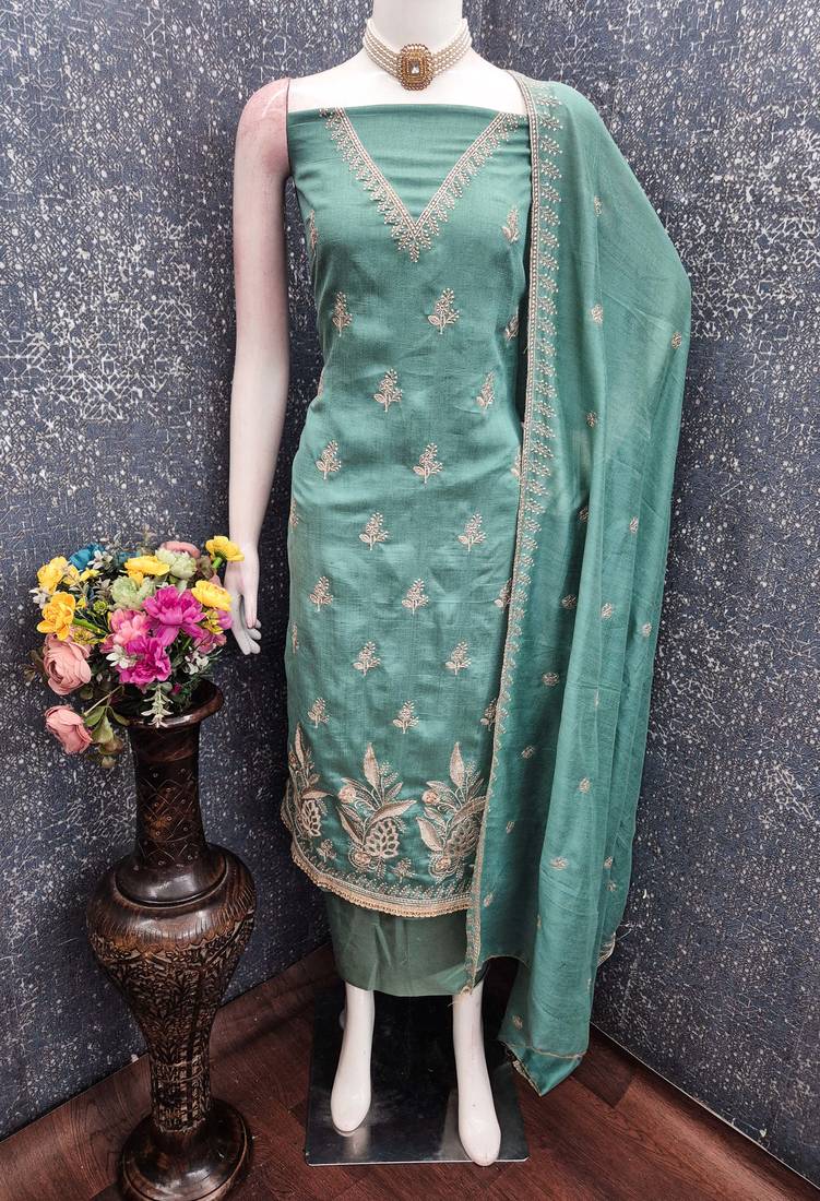 sea green unstitched thread embroidery with embroidered dupatta vichitra silk blend dress material