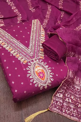 magenta unstitched weaving embroidered neck with woven embellished dupatta dress material