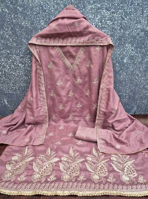lavender unstitched thread embroidery with embroidered dupatta vichitra silk blend dress material 2