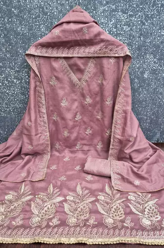 lavender unstitched thread embroidery with embroidered dupatta vichitra silk blend dress material