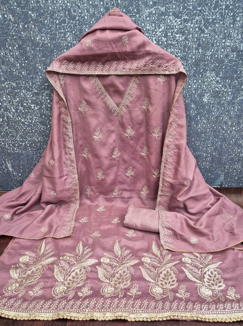 lavender unstitched thread embroidery with embroidered dupatta vichitra silk blend dress material