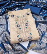 beige unstitched weaving embroidered neck with woven embellished dupatta shimmer butti dress material