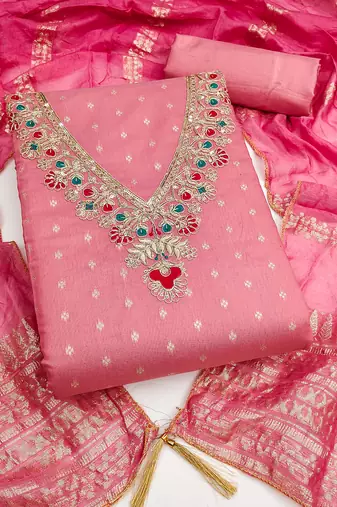 pink unstitched weaving embroidered neck with woven embellished dupatta dress material