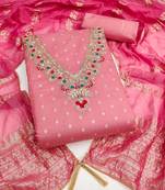 pink unstitched weaving embroidered neck with woven embellished dupatta dress material