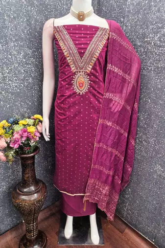 magenta unstitched weaving embroidered neck with woven embellished dupatta dress material