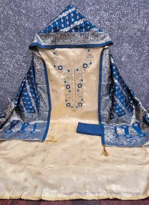 beige unstitched weaving embroidered neck with woven embellished dupatta shimmer butti dress material 2