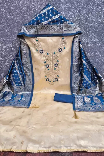 beige unstitched weaving embroidered neck with woven embellished dupatta shimmer butti dress material