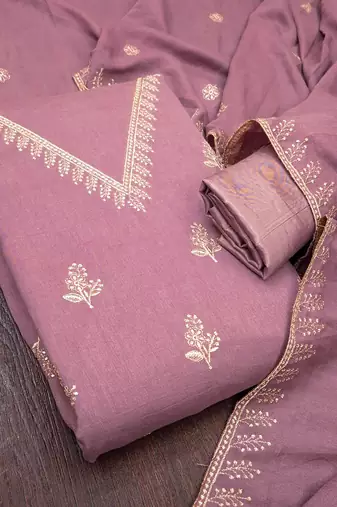 lavender unstitched thread embroidery with embroidered dupatta vichitra silk blend dress material
