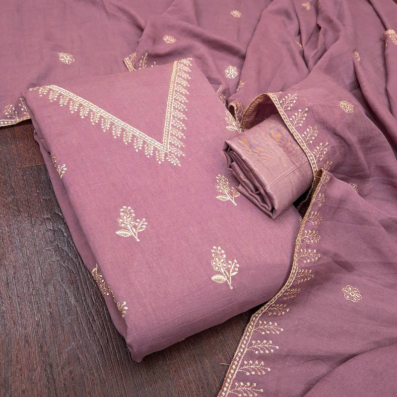 lavender unstitched thread embroidery with embroidered dupatta vichitra silk blend dress material