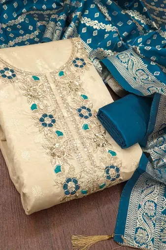 beige unstitched weaving embroidered neck with woven embellished dupatta shimmer butti dress material