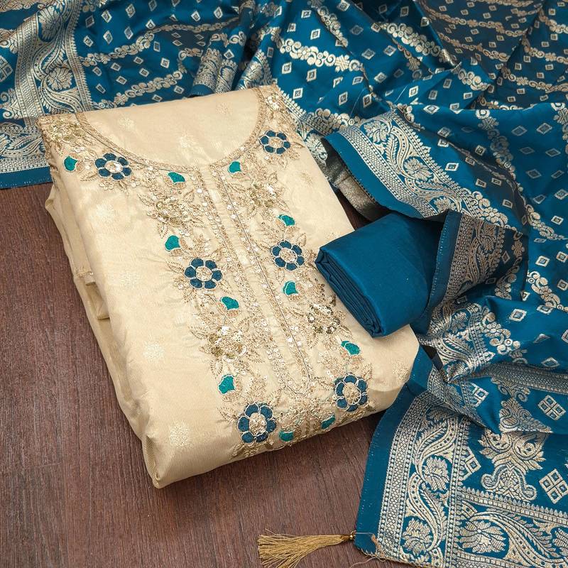 beige unstitched weaving embroidered neck with woven embellished dupatta shimmer butti dress material