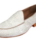 men's fabric material all over embroidered white juttis & mojries for wedding party occasion