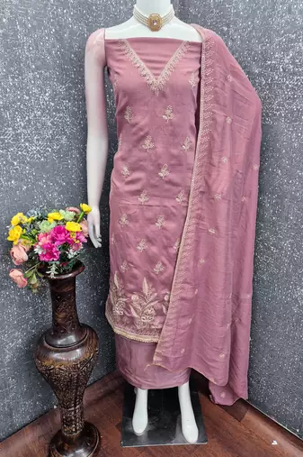 lavender unstitched thread embroidery with embroidered dupatta vichitra silk blend dress material