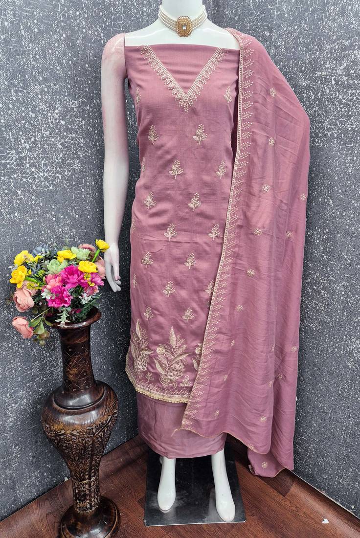 lavender unstitched thread embroidery with embroidered dupatta vichitra silk blend dress material