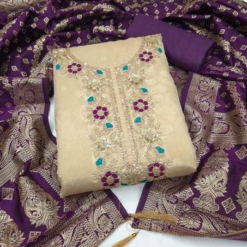 beige unstitched weaving embroidered neck with woven embellished dupatta shimmer butti dress material 1