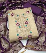 beige unstitched weaving embroidered neck with woven embellished dupatta shimmer butti dress material
