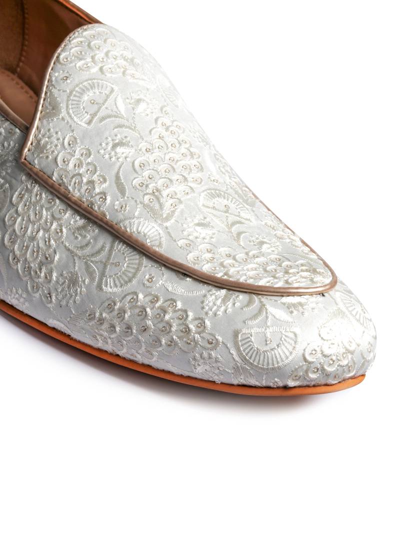 men's fabric material all over embroidered white juttis & mojries for wedding party occasion