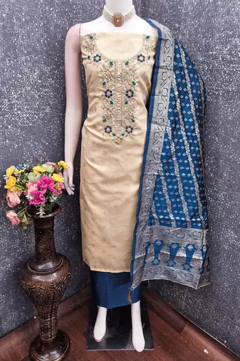 beige unstitched weaving embroidered neck with woven embellished dupatta shimmer butti dress material