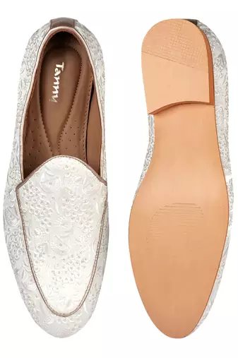 men's fabric material all over embroidered white juttis & mojries for wedding party occasion