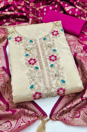 beige unstitched weaving embroidered neck with woven embellished dupatta shimmer butti dress material