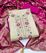 beige unstitched weaving embroidered neck with woven embellished dupatta shimmer butti dress material