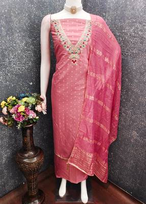 pink unstitched weaving embroidered neck with woven embellished dupatta dress material 4