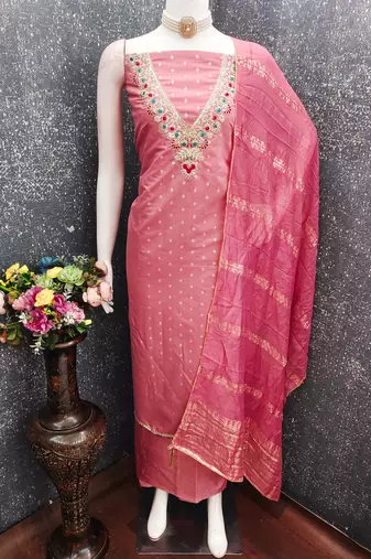 pink unstitched weaving embroidered neck with woven embellished dupatta dress material