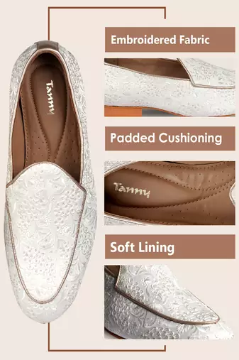 men's fabric material all over embroidered white juttis & mojries for wedding party occasion