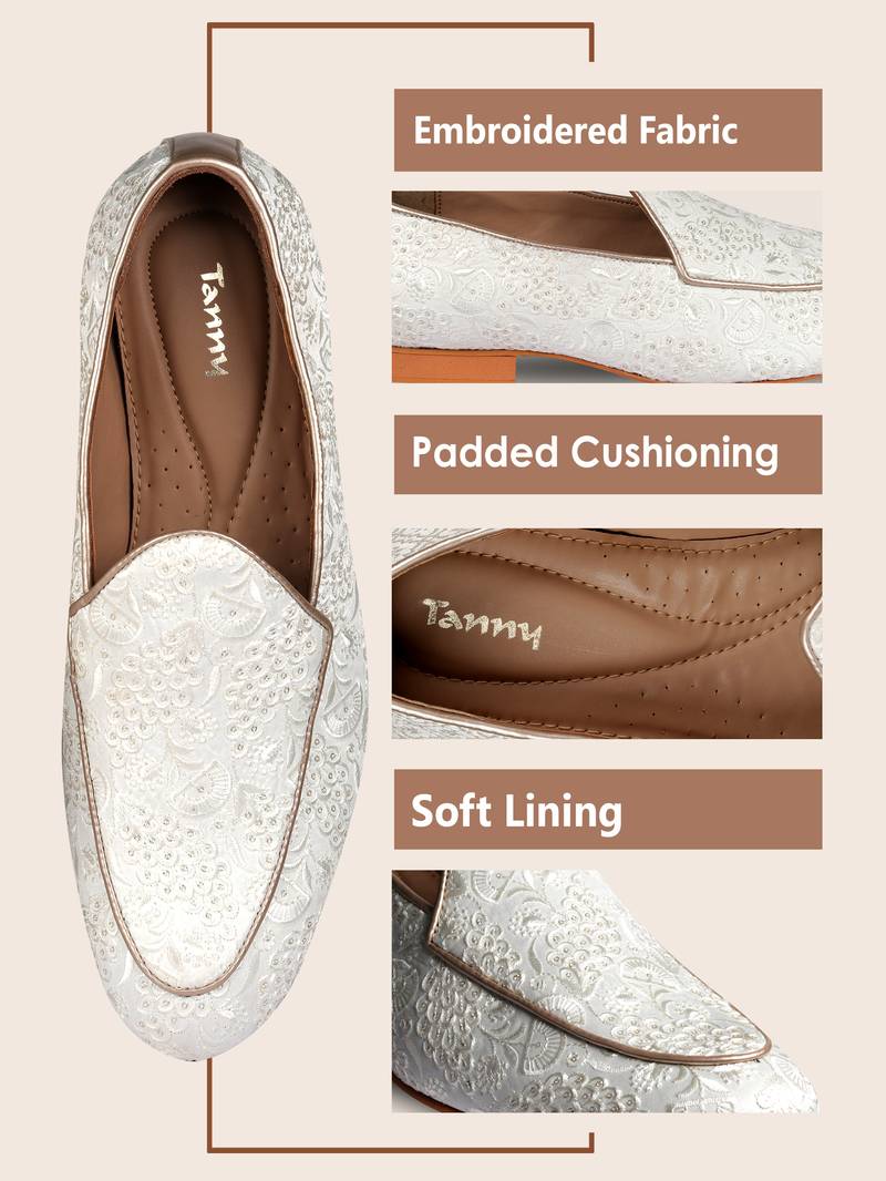 men's fabric material all over embroidered white juttis & mojries for wedding party occasion