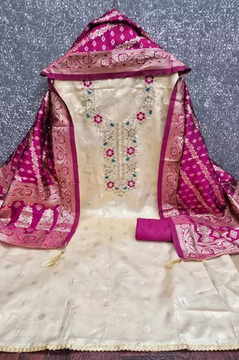 beige unstitched weaving embroidered neck with woven embellished dupatta shimmer butti dress material
