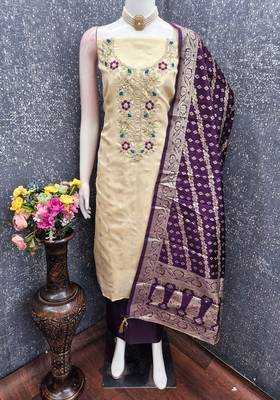 beige unstitched weaving embroidered neck with woven embellished dupatta shimmer butti dress material 4