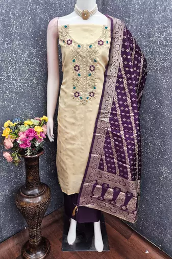 beige unstitched weaving embroidered neck with woven embellished dupatta shimmer butti dress material