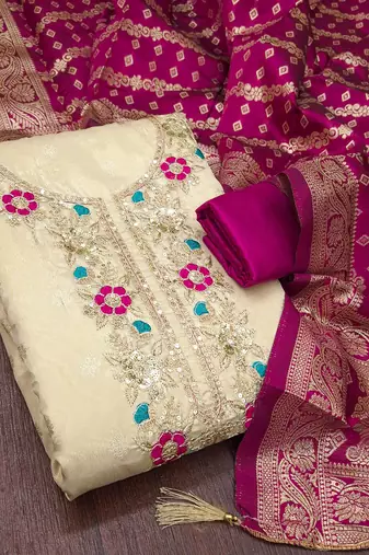 beige unstitched weaving embroidered neck with woven embellished dupatta shimmer butti dress material