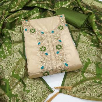 beige unstitched weaving embroidered neck with woven embellished dupatta shimmer butti dress material 1