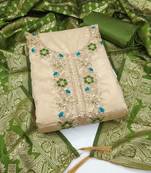beige unstitched weaving embroidered neck with woven embellished dupatta shimmer butti dress material