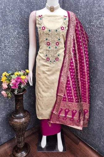 beige unstitched weaving embroidered neck with woven embellished dupatta shimmer butti dress material