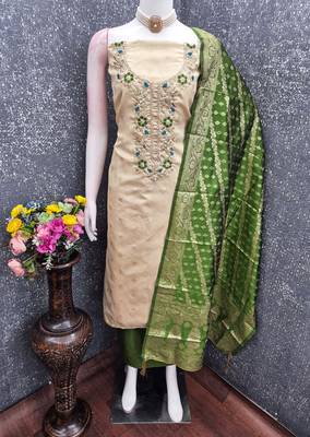 beige unstitched weaving embroidered neck with woven embellished dupatta shimmer butti dress material 4