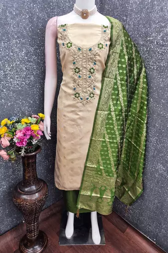 beige unstitched weaving embroidered neck with woven embellished dupatta shimmer butti dress material