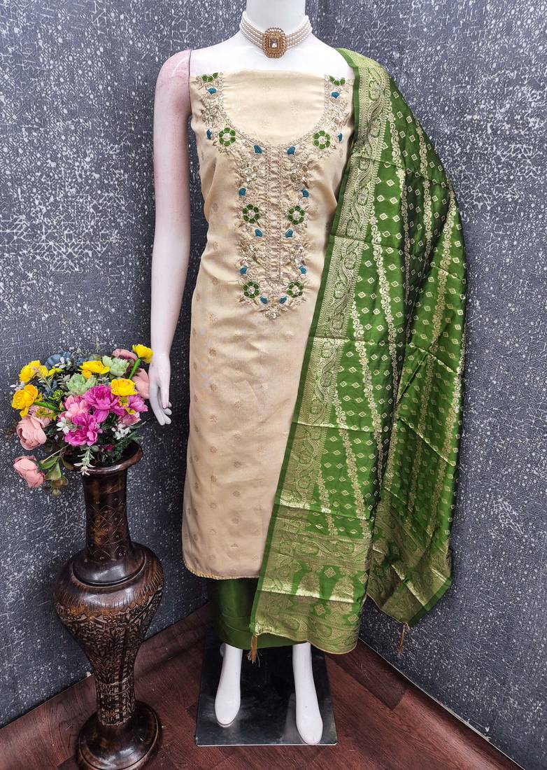 beige unstitched weaving embroidered neck with woven embellished dupatta shimmer butti dress material
