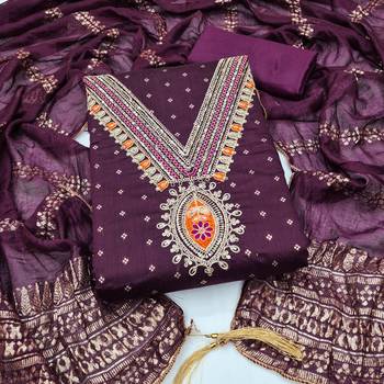 purple unstitched weaving embroidered neck with woven embellished dupatta dress material 1