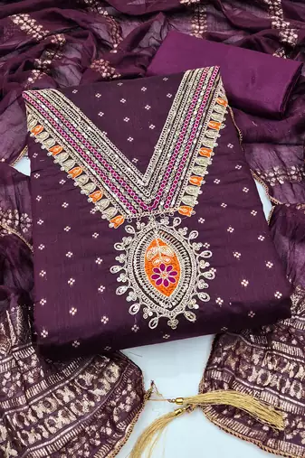 purple unstitched weaving embroidered neck with woven embellished dupatta dress material
