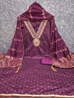 purple unstitched weaving embroidered neck with woven embellished dupatta dress material 2