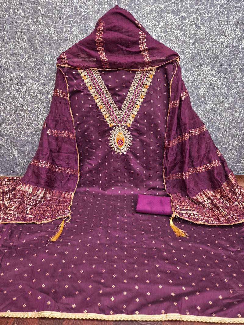 purple unstitched weaving embroidered neck with woven embellished dupatta dress material